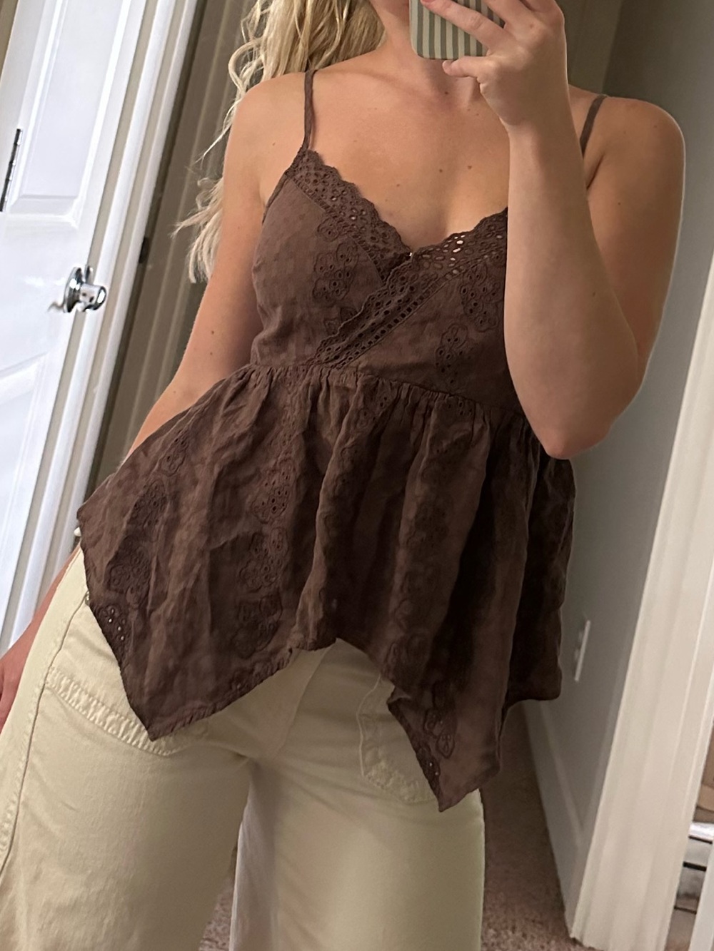 American Eagle Outfitters Brown Eyelet Lace-Trim Peplum Cami